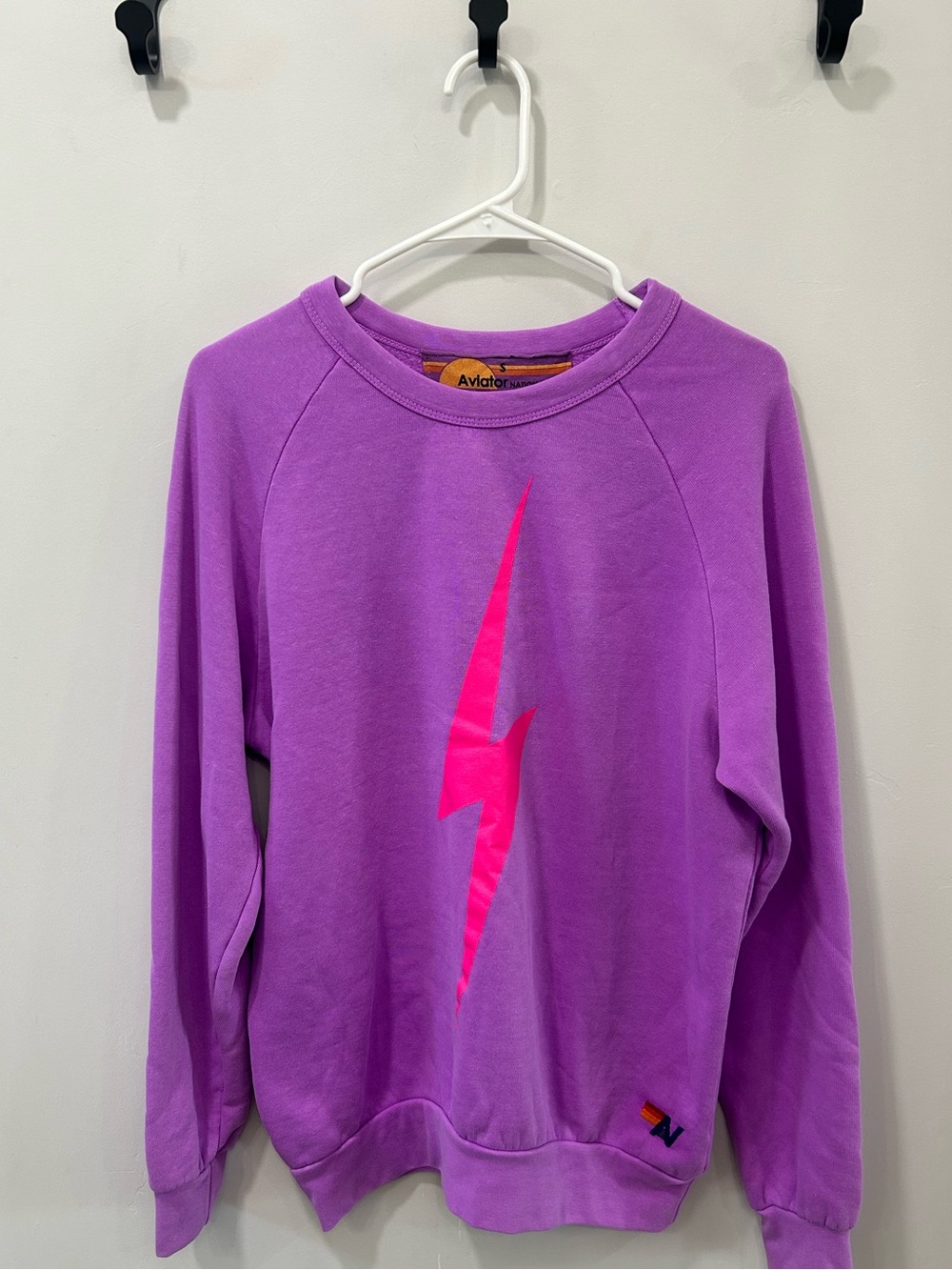 New w/out tags- Aviator Nation Purple Crewneck with Pink Lightning Bolt small